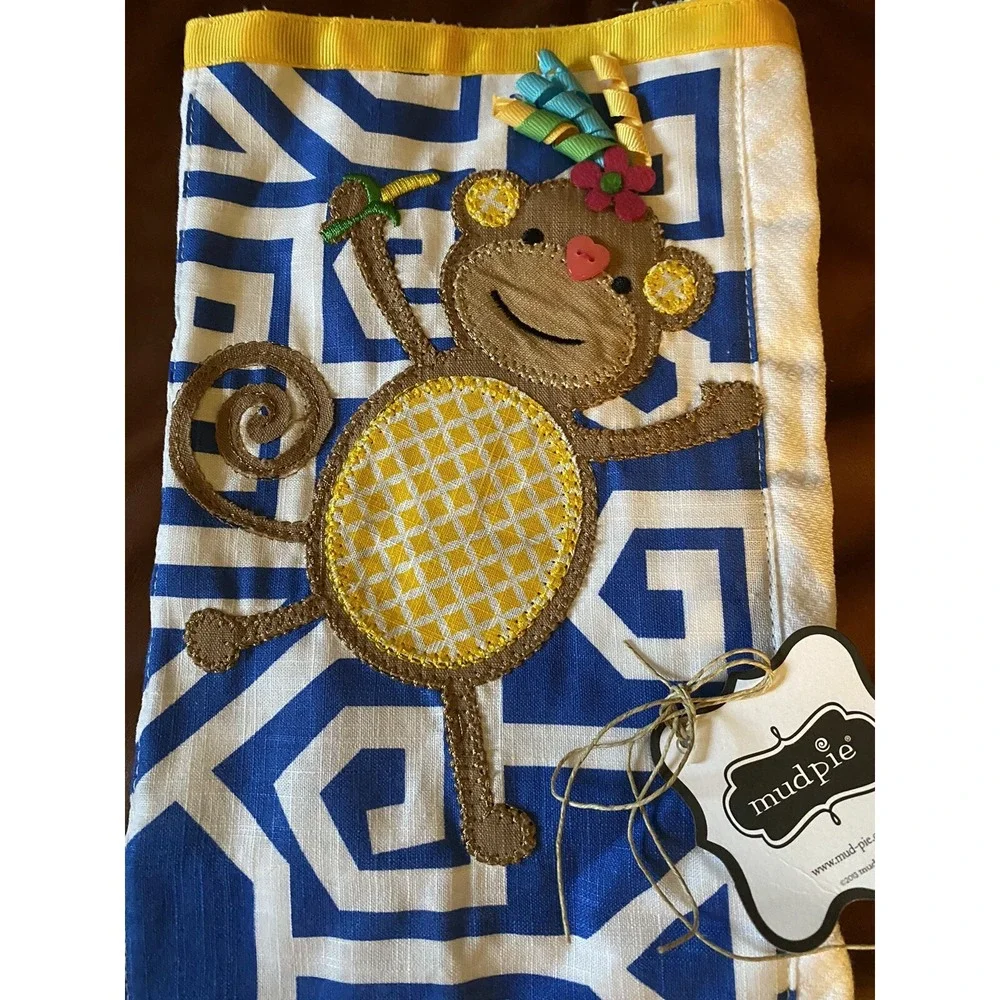 Mud Pie monkey burp cloth nwt embroidered ribbon gift baby shower